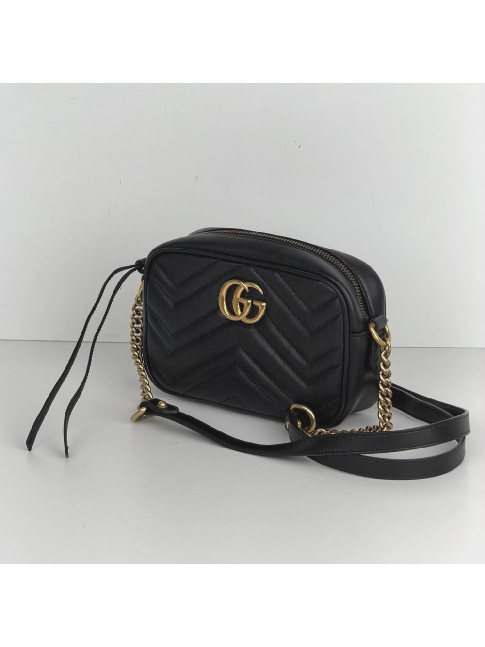 Gucci GG Marmont Small Camera Bag Gold Chain Crossbody in Black Leather S06